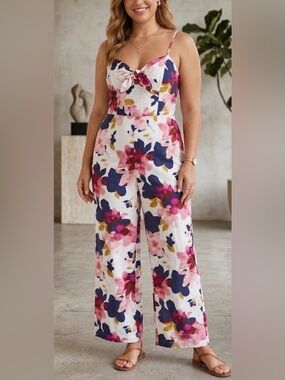 Old Navy Floral Tie-Front Linen Blend Jumpsuit Size XL